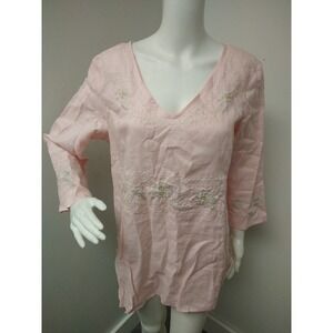 READ Nikki Valenti Womens 16 Irish Linen Pink Tunic Shirt Embroidered Sequin